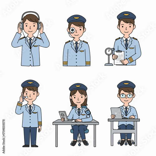 A collection of happy cartoon airline pilots and flight crew engaging in typical work activities like communication and desk tasks, isolated on white.
