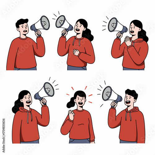 Diverse group of young people actively communicating and announcing with megaphones, illustrating concepts of public speaking, advocacy, and attention-grabbing messages.