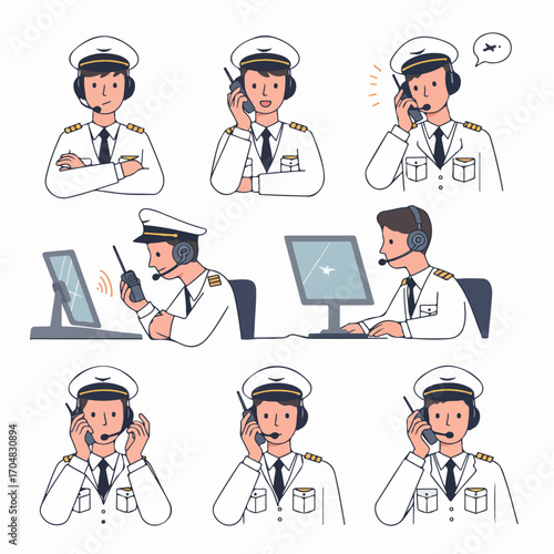 Aviation Professionals Communicating: Pilot and Air Traffic Controller Characters in Various Poses with Headsets and Radios, Vector Illustration Set.