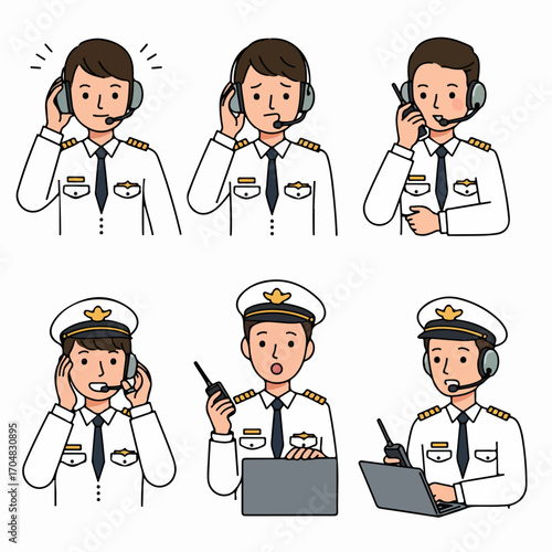Cartoon illustrations of male pilots or airport staff communicating with headsets, walkie-talkies, and laptops, depicting various professional interactions in aviation.