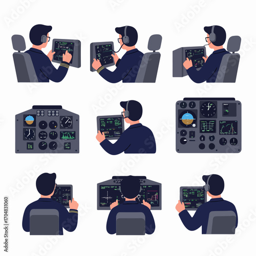 Collection of vector illustrations depicting pilots interacting with airplane cockpit controls and navigation systems, highlighting aviation technology and human operation.
