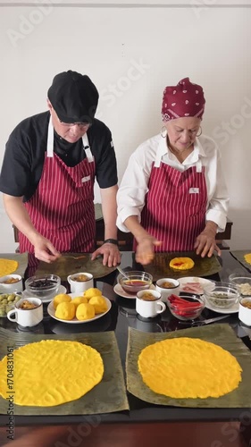 Mother and Son Rolling Out Dough for Hallaca Preparation