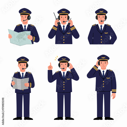 Cartoon pilot character set in uniform, showcasing diverse poses and actions related to aviation and professional flight crew duties.