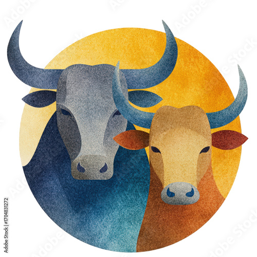 Artistic watercolor illustration of two colorful bull heads.