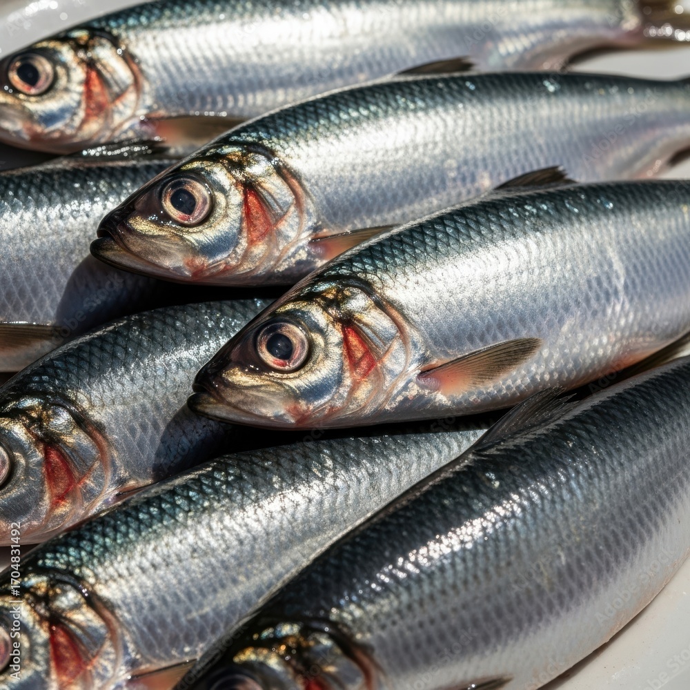 Fototapeta premium Freshly caught herring fish arranged together isolated on white background