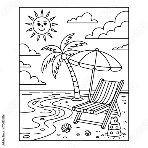 Summer Beach Coloring Page with Palm Tree, Umbrella and Chair Illustration