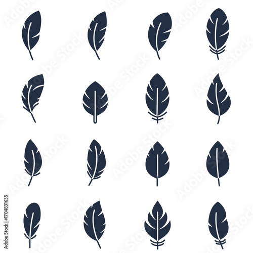 Collection of Stylized Feather Icons in Dark Blue.