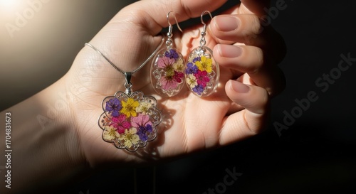 Hand holding a beautiful set of resin jewelry, including a necklace and matching earrings, featuring colorful dried flowers.