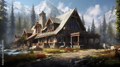 Idyllic mountain residence in lush forest with snowy peaks creates a serene sanctuary