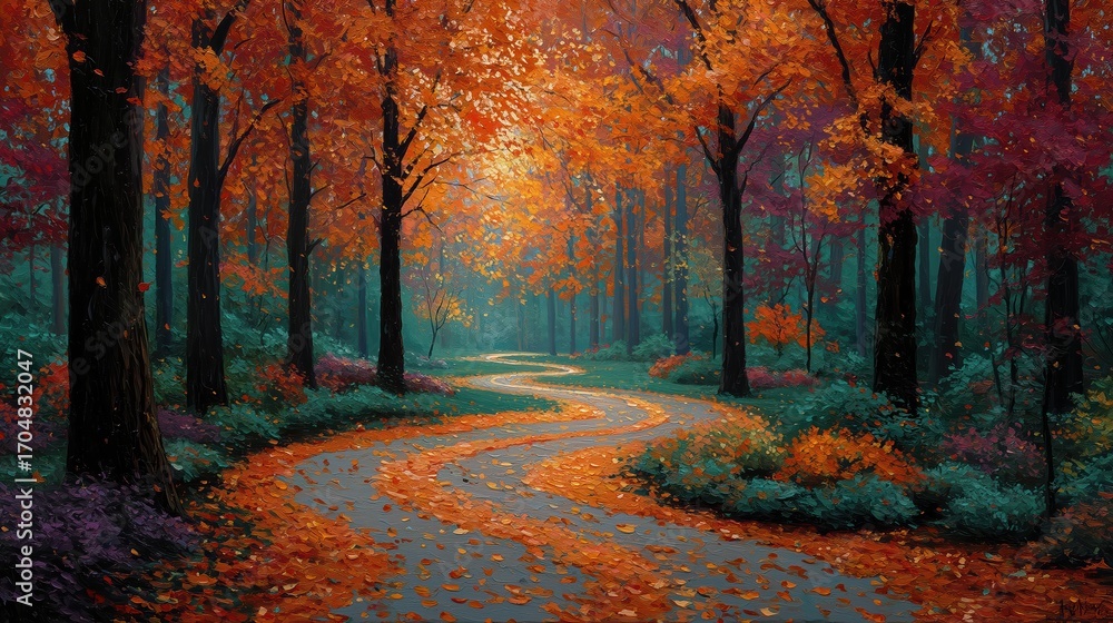 Fototapeta premium Serene Autumn Pathway Through Vibrant Colorful Forest Landscape