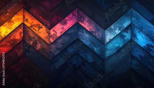 Abstract Chevron Pattern with Cosmic Galaxy Theme and Dark Background in Red Orange Purple Pink and Blue Colored Zigzags Ideal for Backdrop