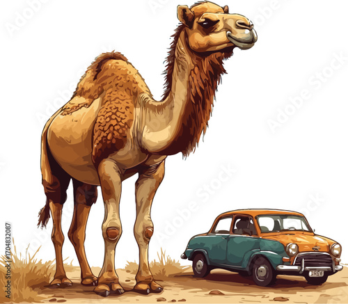 A camel stands next to a vintage car in a desert landscape