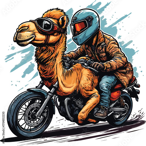 Funny camel and rider on a motorcycle with sunglasses and helmet