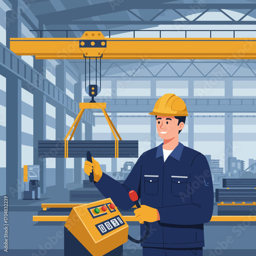Skilled industrial worker in a hard hat operating an overhead bridge crane with a remote control panel inside a manufacturing factory