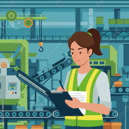A woman in a high-visibility vest inspects a manufacturing facility with a clipboard, overseeing the production line with machinery and conveyor belts