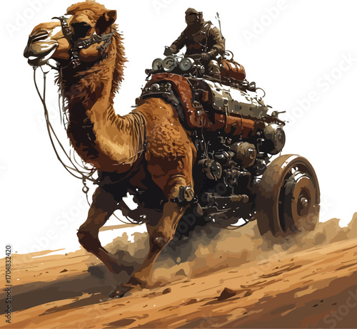 Man riding a camel loaded with cargo through a desert landscape