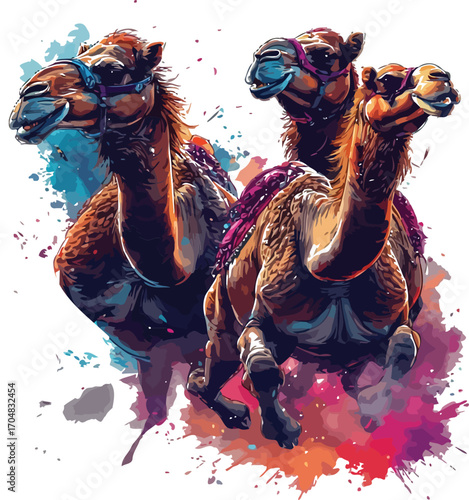Two camels in a vibrant splash of colorful paint