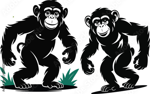 Cute cartoon chimpanzee ape with green leaves and grass