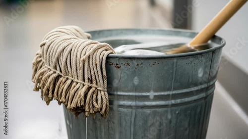 Mop and bucket filled with cleaning water and bubbles in a room