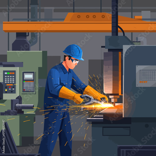 Skilled metalworker in a modern factory operating industrial machinery for fabrication, with sparks highlighting the precision and power of manufacturing
