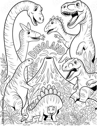A group of cartoon dinosaurs gathered around a volcano in a prehistoric landscape