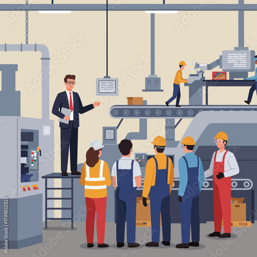 Factory manager conducting a safety briefing for industrial workers on the assembly line floor