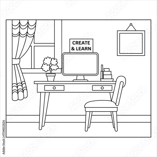 Home Office Coloring Page with Desk, Computer and Chair Illustration