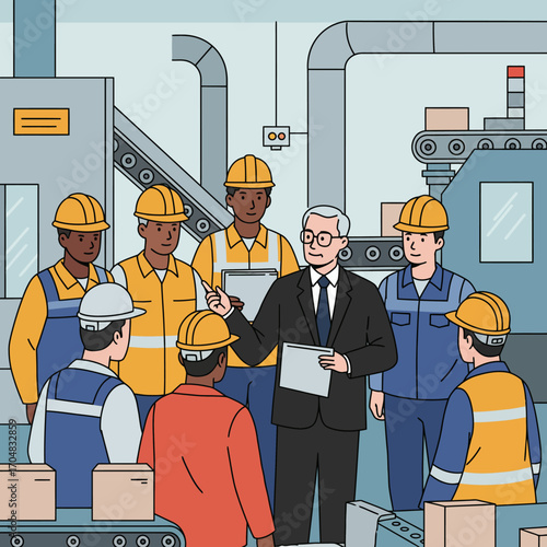Manager leads a diverse manufacturing team through a production briefing, promoting collaborative problem-solving and operational excellence in the modern industrial workplace