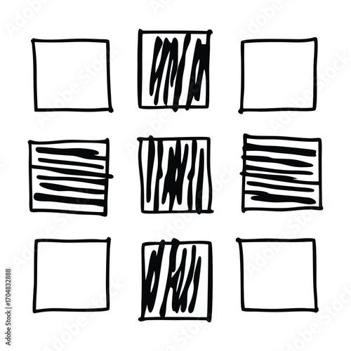 Grid of nine squares with varied handdrawn fill patterns