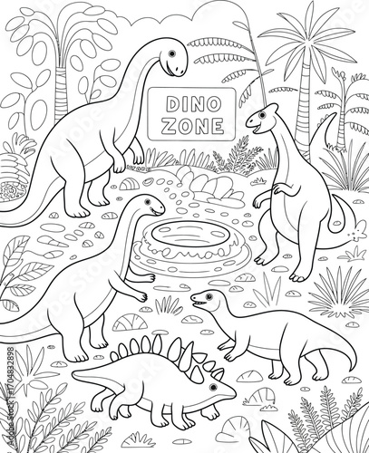 Dinosaur coloring page with various prehistoric creatures in a jungle setting