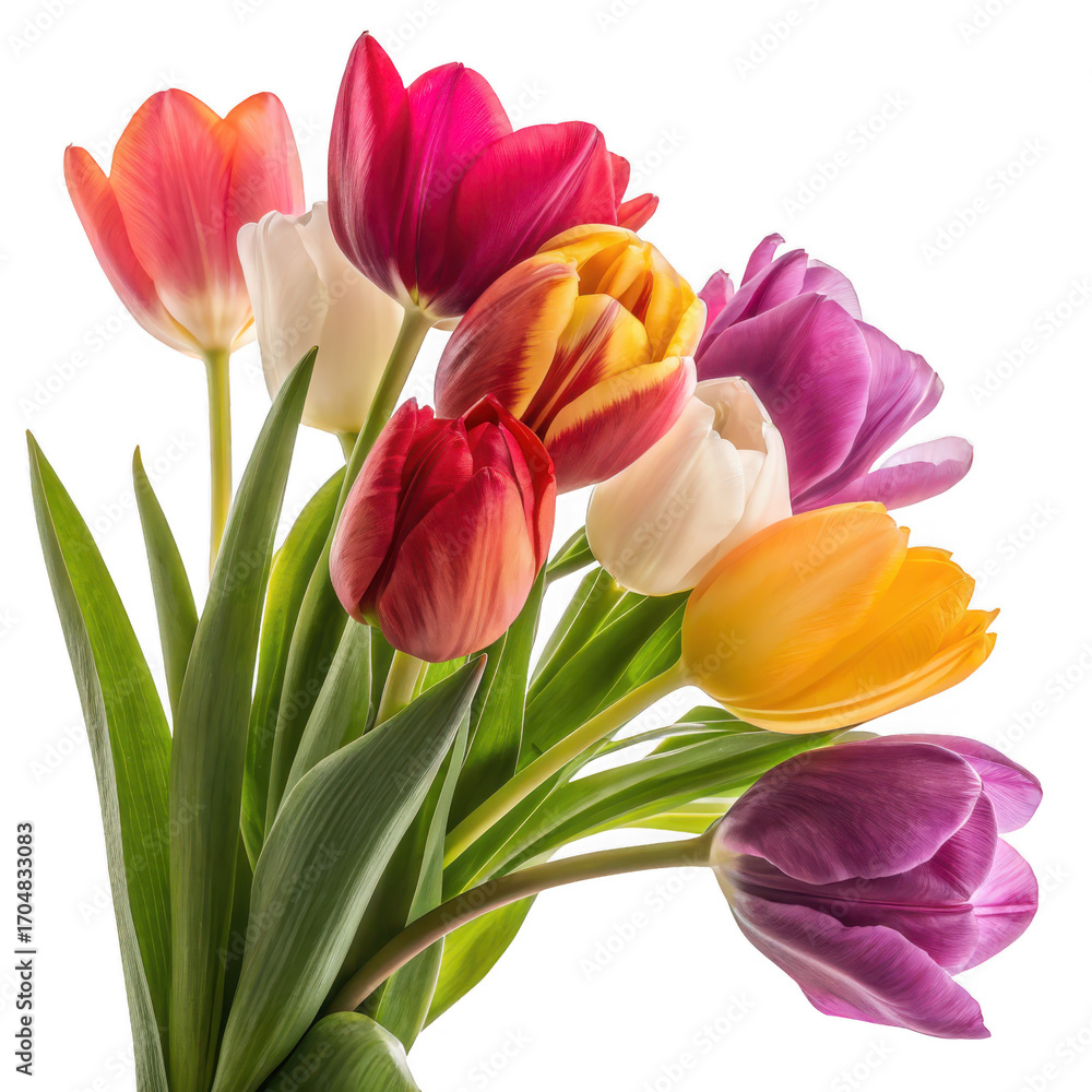 Fototapeta premium Vibrant bunch of tulips isolated on transparent background