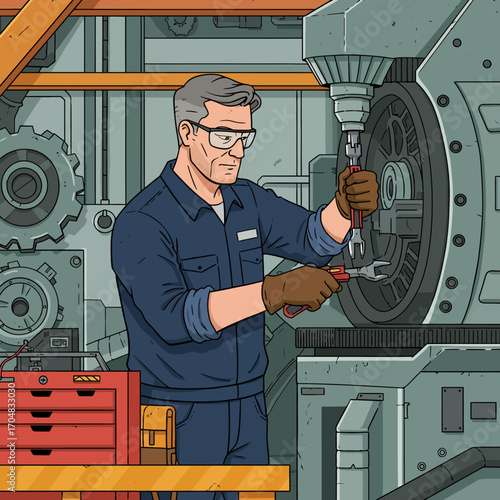 Skilled senior mechanic in safety glasses performing precision maintenance on a large industrial machine inside a factory workshop
