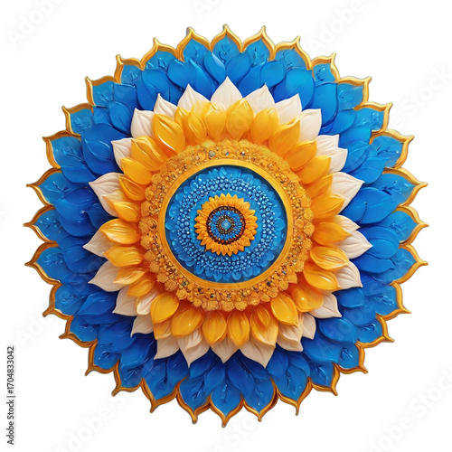 Blue and Yellow Flower Mandala with White Petals on White Background floral