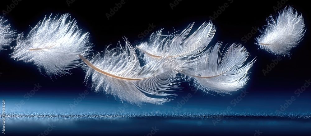 Obraz premium White feathers float in dark blue space