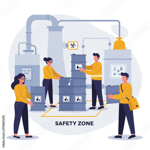 Workplace safety and hazardous material handling in an industrial zone with diligent employees ensuring secure operations and regulatory compliance