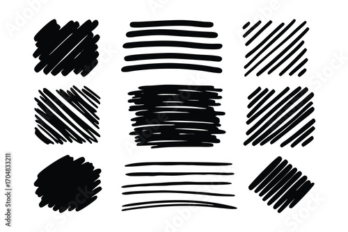 Collection of nine black handdrawn scribbles and lines on a white background