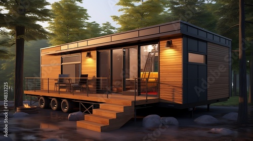 Idyllic tiny home dwelling nestled in a serene forest setting offering sustainable living