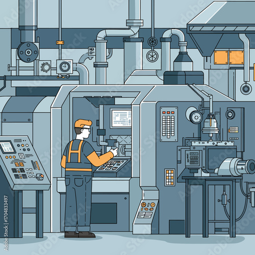 Operator programming a computer-controlled lathe in a high-tech factory setting illustrating modern manufacturing