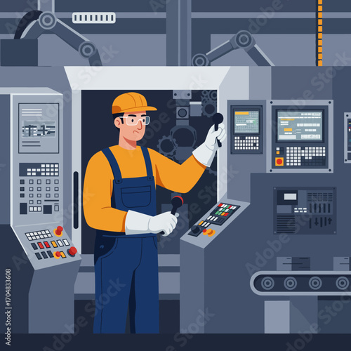 Skilled factory operator managing an advanced CNC machine, illustrating the synergy of human expertise and industrial automation technology