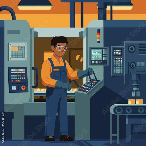 Industrial operator managing automated equipment in a futuristic manufacturing facility, a concept for modern industrial processes
