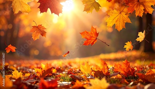 Vibrant autumn leaves falling in a sunlit park, creating a warm, golden ambiance