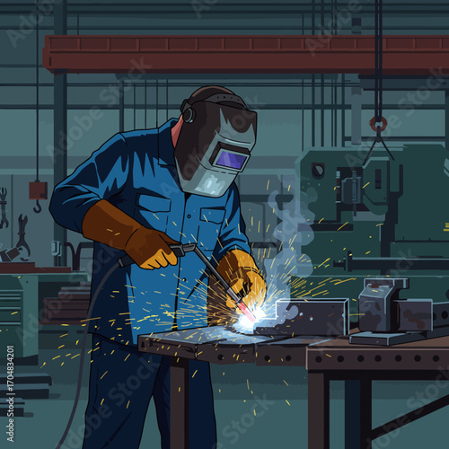 Professional welder in protective gear meticulously fusing metal parts with a torch in an industrial workshop illustration