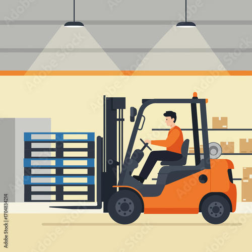 Forklift Operator Loading Pallets in Warehouse Efficient Logistics & Material Handling Illustration