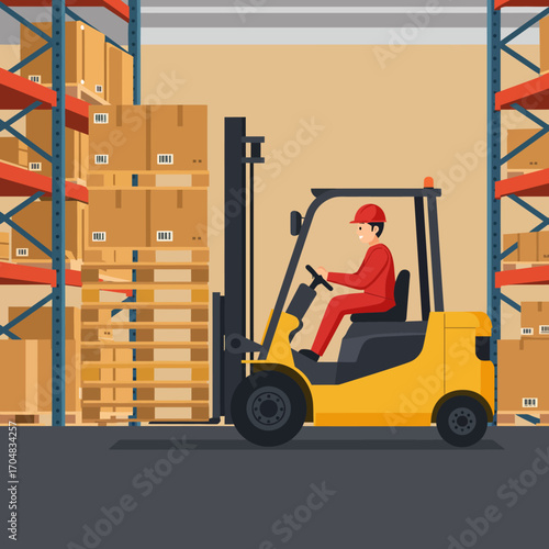 Worker on a forklift organizing boxes in a warehouse. Illustration showing efficient logistics, inventory management, and modern supply chain operations within an industrial setting