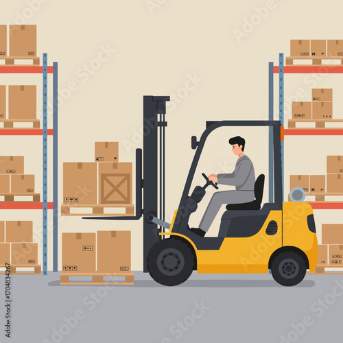 Warehouse Logistics Forklift Operator in Action, Moving Packages to Shelves for Inventory Control