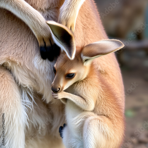 kangaroo joey playfully nibbling on pouch edge