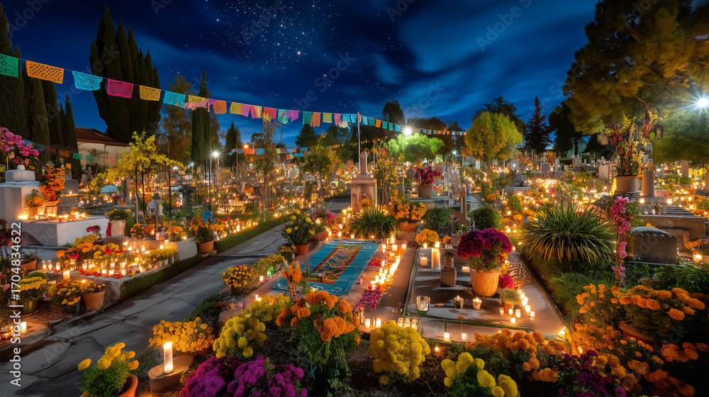 Fototapeta premium Beautiful Dia de los Muertos cemetery decorated with marigold flowers, candles, papel picado, and traditional offerings to honor ancestors during Mexican cultural festival