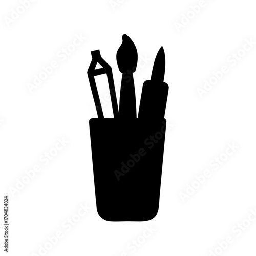 Black Silhouette of Art Supplies in a Container Ideal for Crafting Visuals