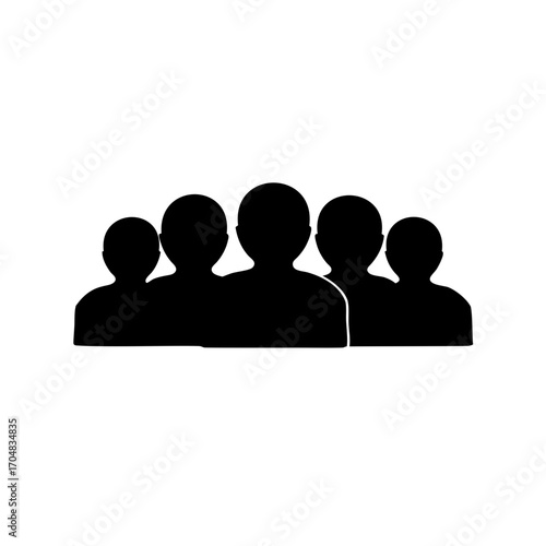 Simple black and white graphic illustration of a group of five people