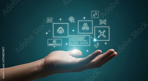 Hand presenting glowing digital icons and symbols representing innovation and technology concepts